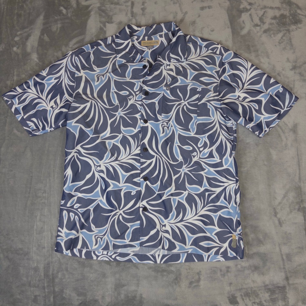 Quiksilver Button Down Shirt Mens Large Blue Tropical Leaf Print Aloha Summer